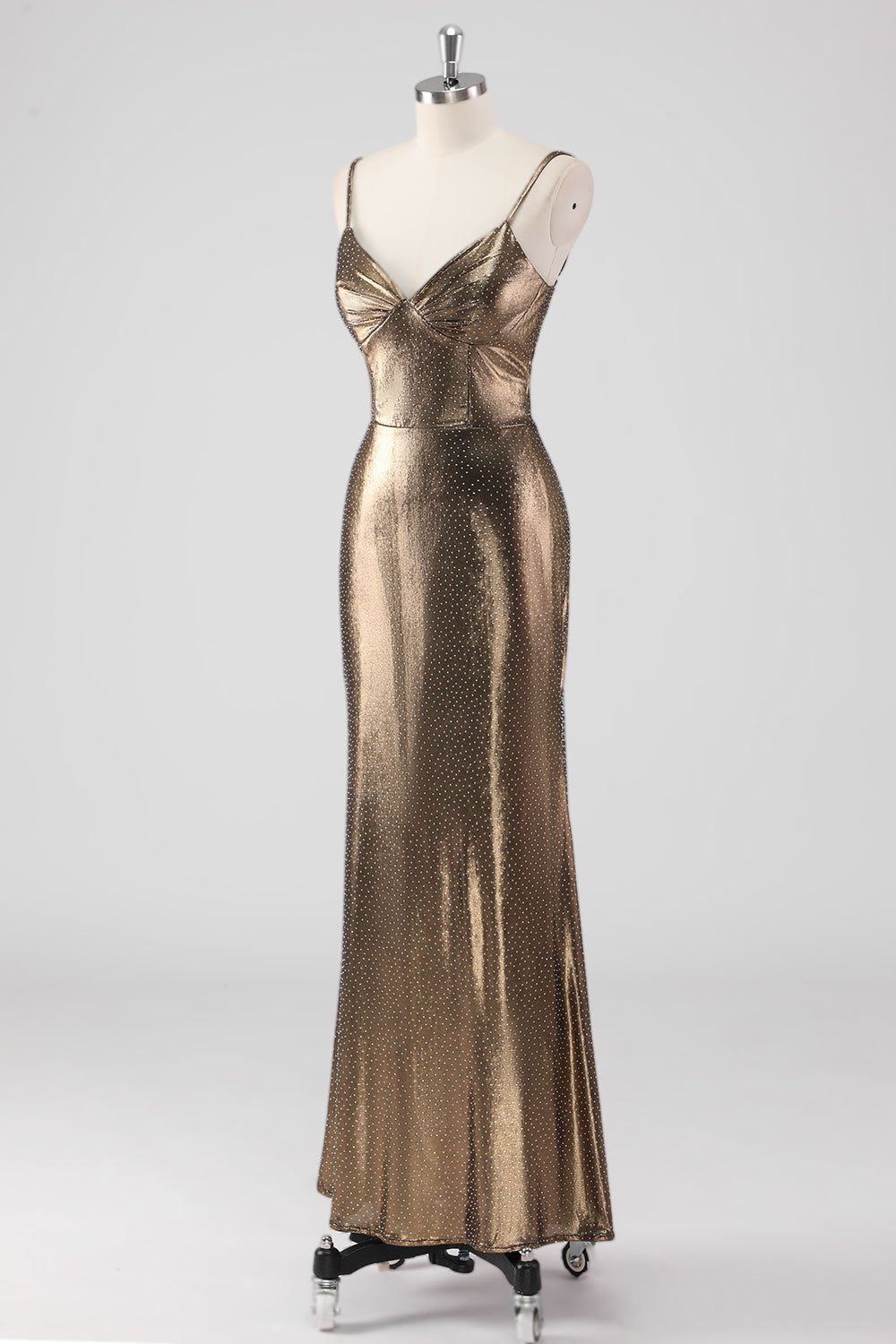 Gylden Havfrue Spaghetti Stropper Beaded Lang Formel Kjole