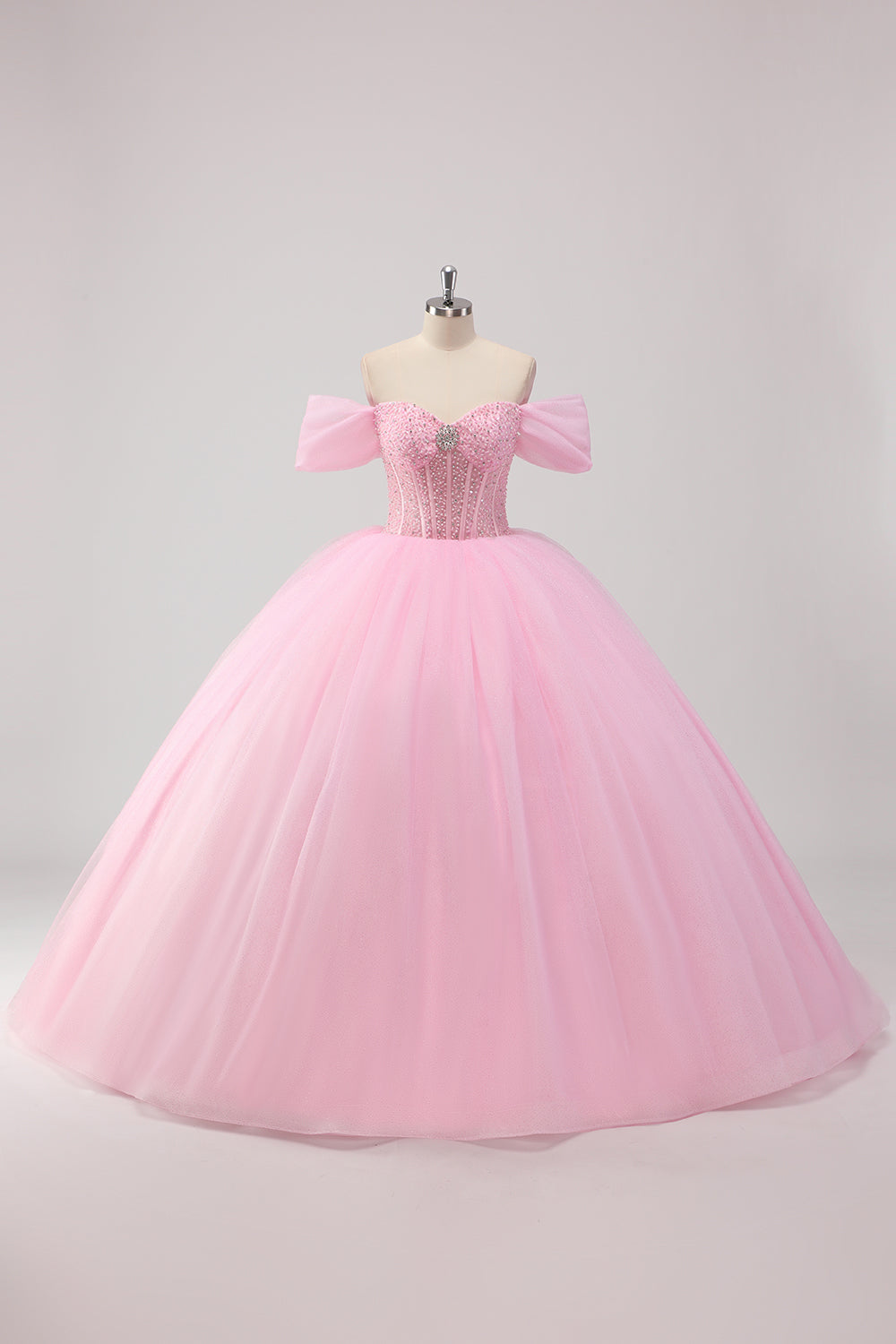 Prinsesse Pink Balkjole Off the Shoulder Beading Tyl Quinceanera Kjole