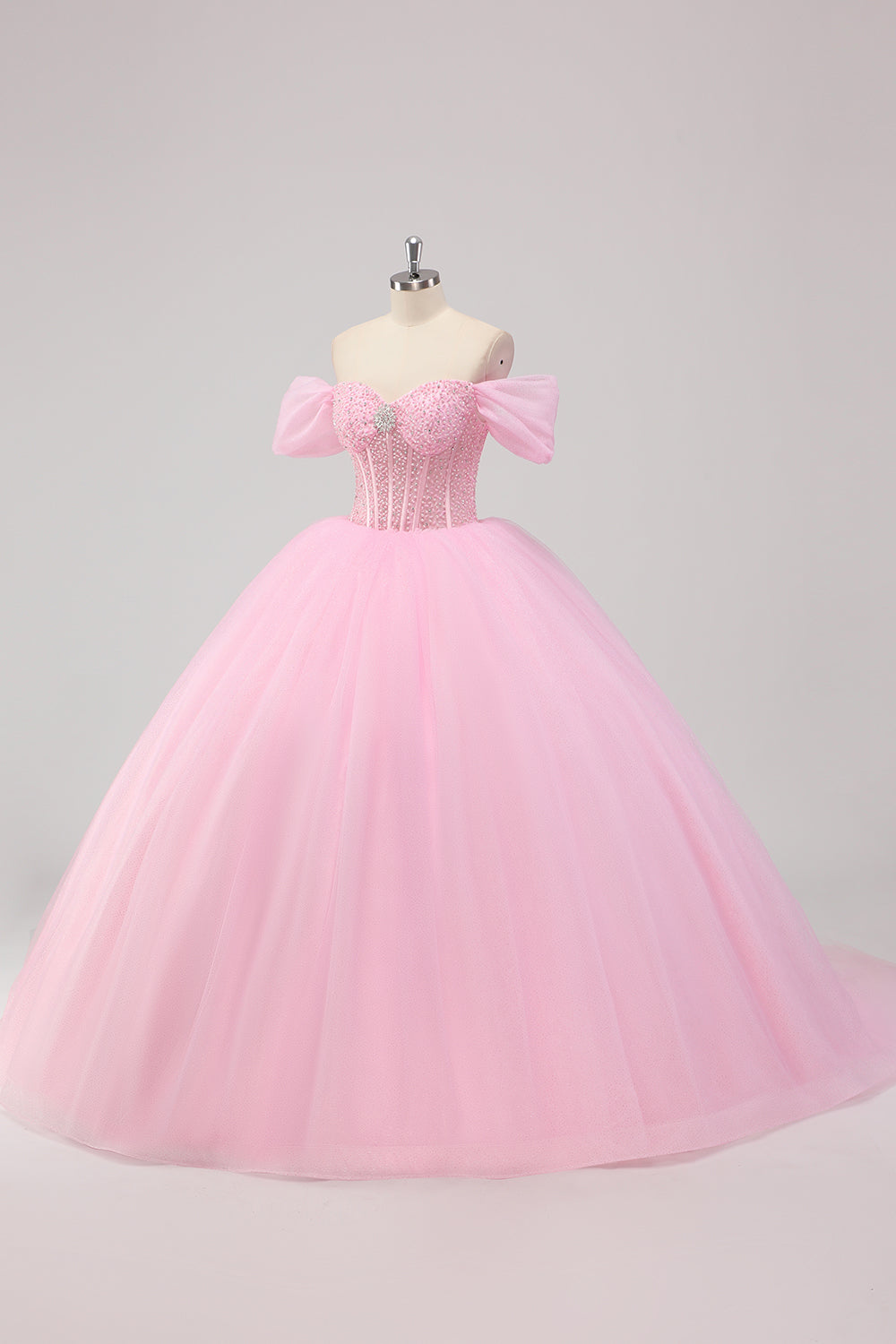 Prinsesse Pink Balkjole Off the Shoulder Beading Tyl Quinceanera Kjole