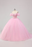 Prinsesse Pink Balkjole Off the Shoulder Beading Tyl Quinceanera Kjole