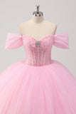 Prinsesse Pink Balkjole Off the Shoulder Beading Tyl Quinceanera Kjole