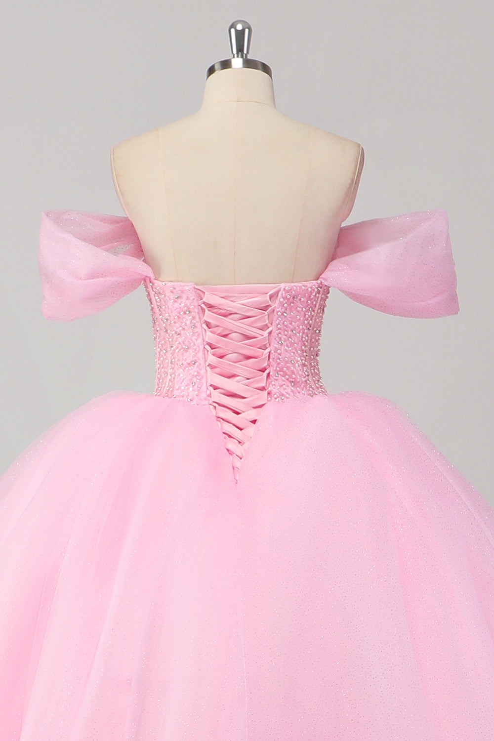 Prinsesse Pink Balkjole Off the Shoulder Beading Tyl Quinceanera Kjole