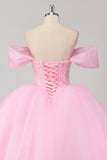 Prinsesse Pink Balkjole Off the Shoulder Beading Tyl Quinceanera Kjole