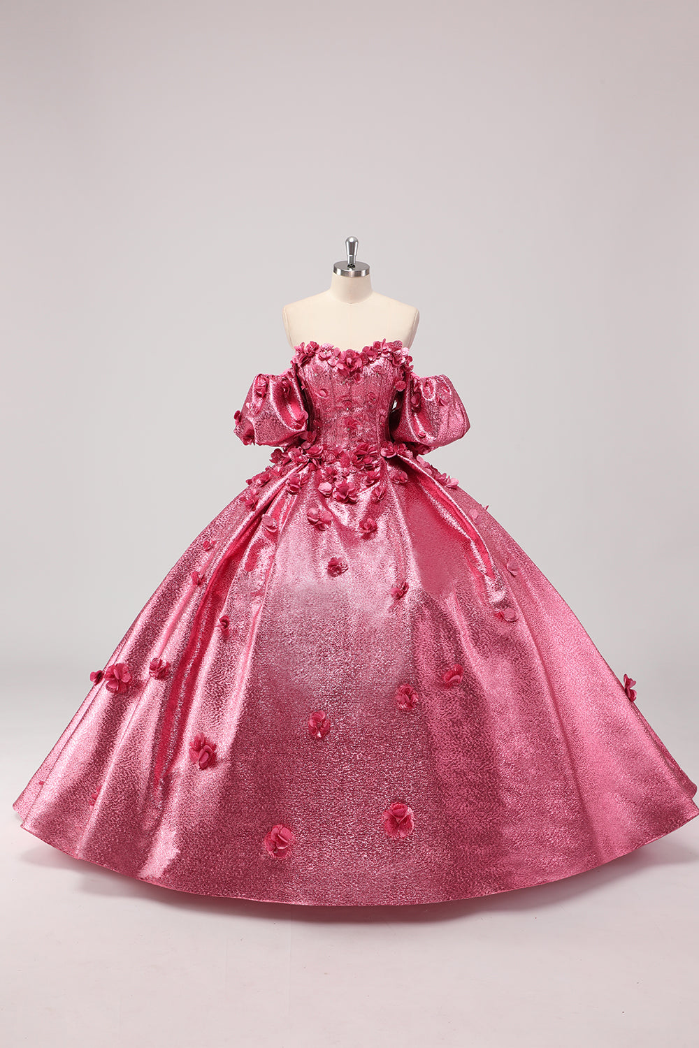 Prinsesse Fuchsia balkjole Off the Shoulder Puff Sleeves Quinceanera kjole med 3D blomster