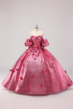 Prinsesse Fuchsia balkjole Off the Shoulder Puff Sleeves Quinceanera kjole med 3D blomster