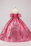 Prinsesse Fuchsia balkjole Off the Shoulder Puff Sleeves Quinceanera kjole med 3D blomster
