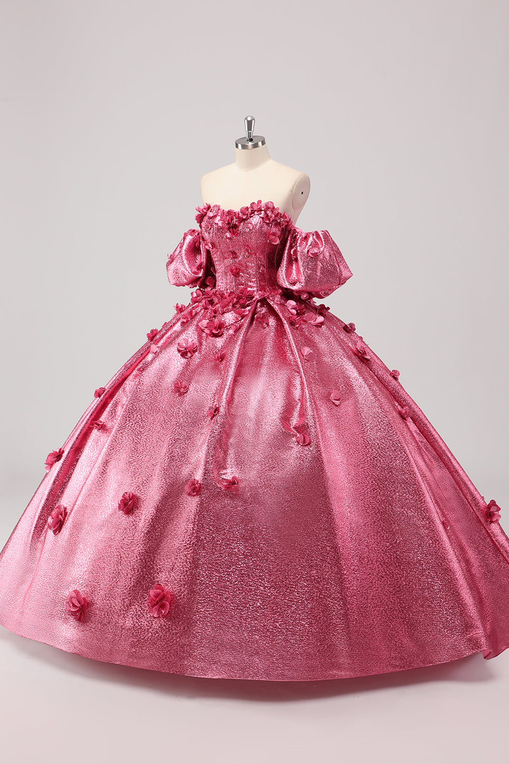 Prinsesse Fuchsia balkjole Off the Shoulder Puff Sleeves Quinceanera kjole med 3D blomster