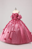 Prinsesse Fuchsia balkjole Off the Shoulder Puff Sleeves Quinceanera kjole med 3D blomster