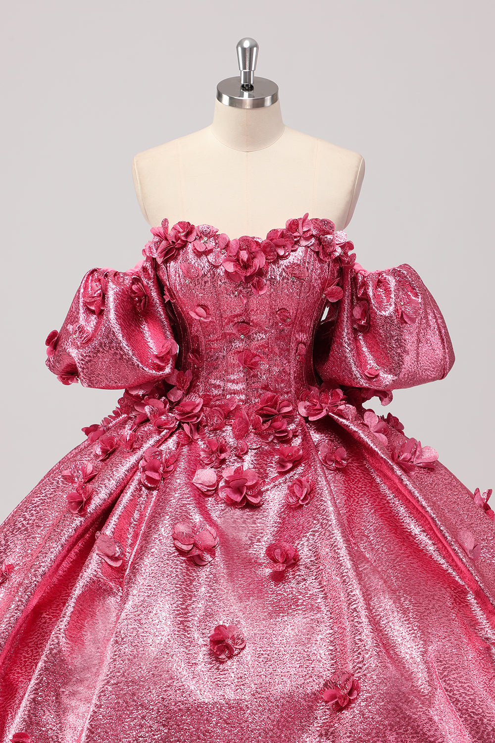 Prinsesse Fuchsia balkjole Off the Shoulder Puff Sleeves Quinceanera kjole med 3D blomster