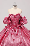 Prinsesse Fuchsia balkjole Off the Shoulder Puff Sleeves Quinceanera kjole med 3D blomster