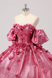 Prinsesse Fuchsia balkjole Off the Shoulder Puff Sleeves Quinceanera kjole med 3D blomster
