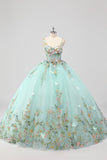 Prinsesse Mint Balkjole Spaghetti stropper Tyl Quinceanera kjole med blomst applikationer