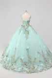 Prinsesse Mint Balkjole Spaghetti stropper Tyl Quinceanera kjole med blomst applikationer