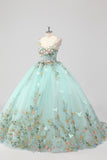 Prinsesse Mint Balkjole Spaghetti stropper Tyl Quinceanera kjole med blomst applikationer