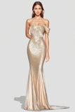 Glitrende havfrue Champagne Off Shoulder plisseret formel kjole med pailletter