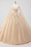 Prinsesse Champagne Off the Shoulder Cape Sleeves Tyl Quinceanera Kjole med applikationer