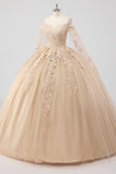 Prinsesse Champagne Off the Shoulder Cape Sleeves Tyl Quinceanera Kjole med applikationer
