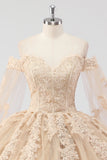 Prinsesse Champagne Off the Shoulder Cape Sleeves Tyl Quinceanera Kjole med applikationer