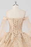 Prinsesse Champagne Off the Shoulder Cape Sleeves Tyl Quinceanera Kjole med applikationer