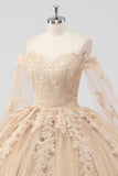 Prinsesse Champagne Off the Shoulder Cape Sleeves Tyl Quinceanera Kjole med applikationer