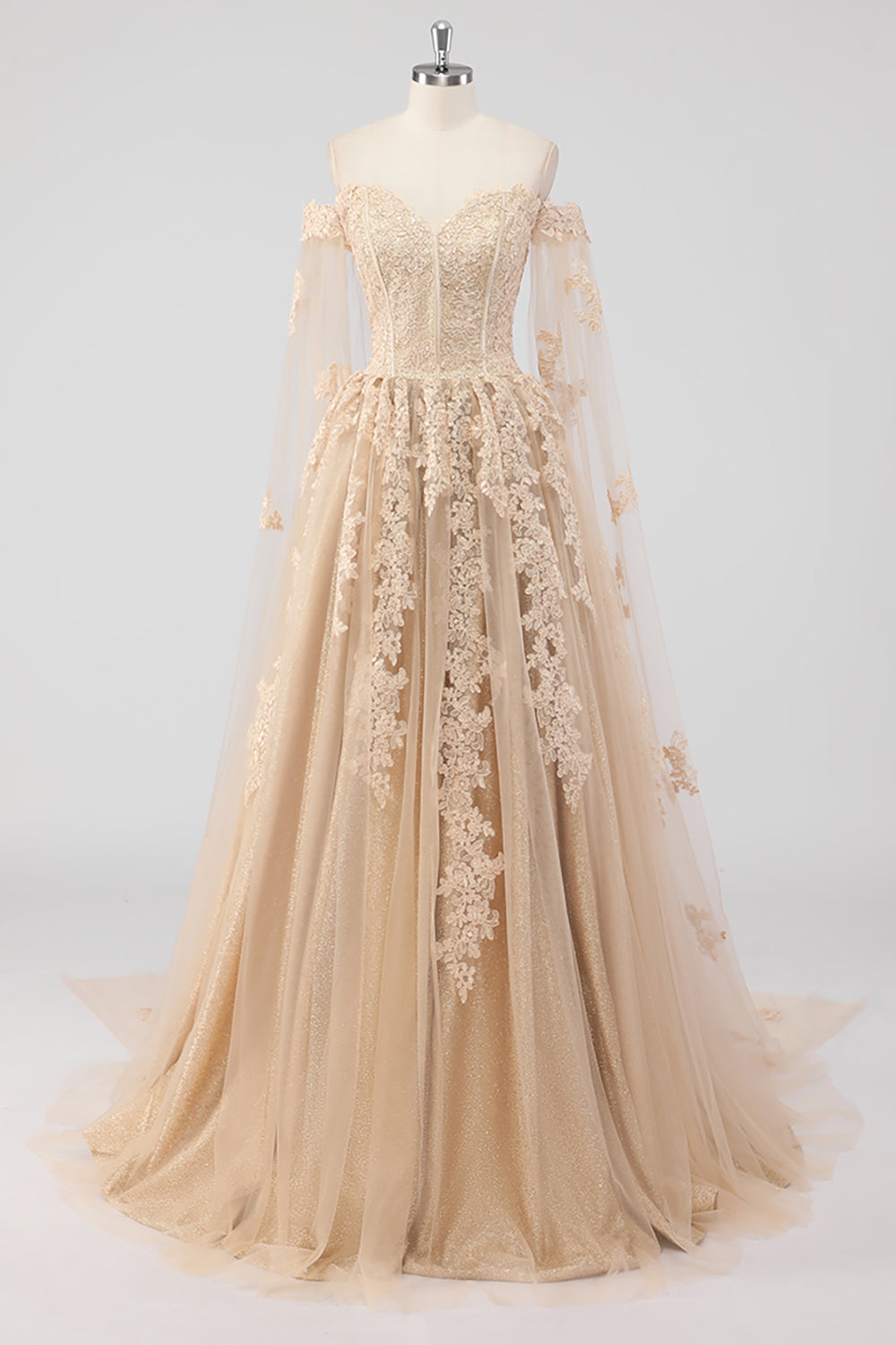 Prinsesse Champagne Off the Shoulder Cape Sleeves Tyl Quinceanera Kjole med applikationer