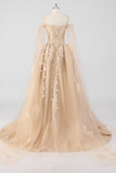 Prinsesse Champagne Off the Shoulder Cape Sleeves Tyl Quinceanera Kjole med applikationer