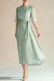 Lysegrøn Chiffon Bådhals A Line 3/4 ærmer Kalv længde Mor Kjole