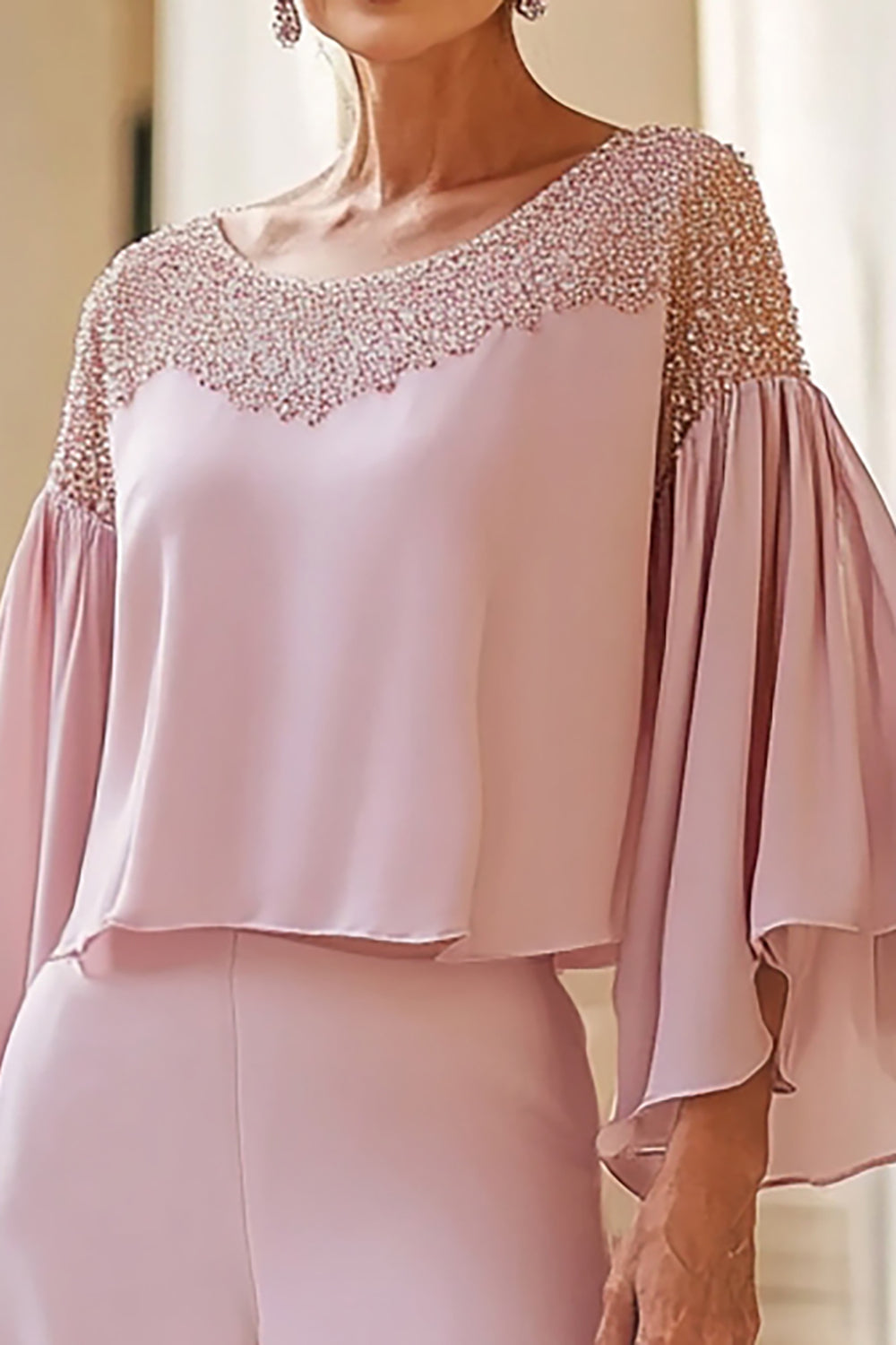 Pink rund hals Chiffon Brudens mor bukser jakkesæt med perler