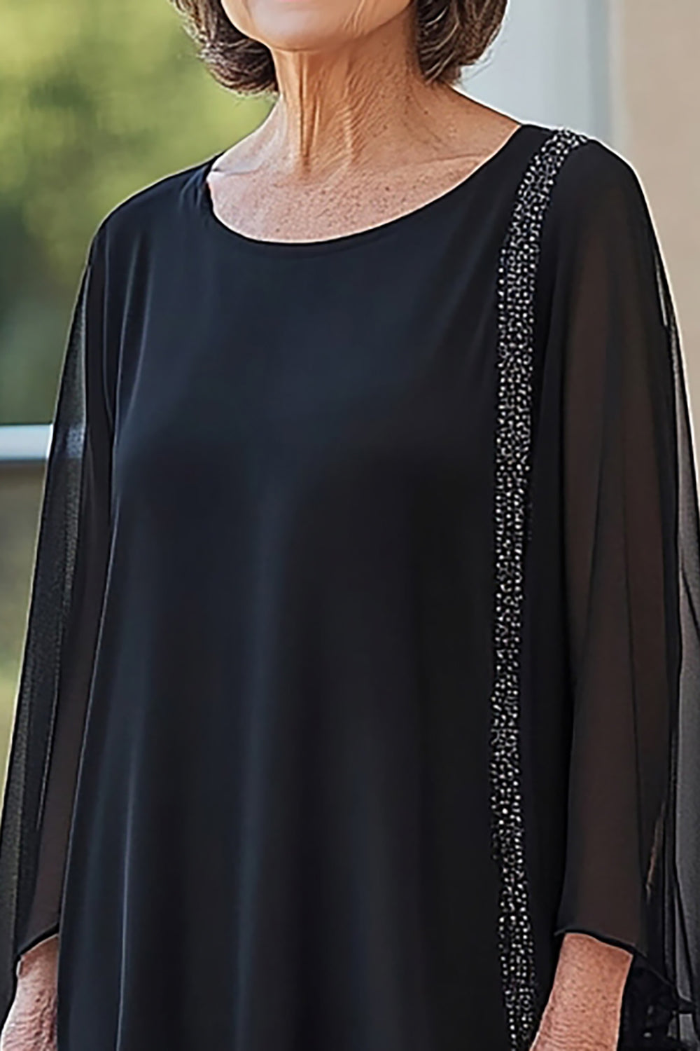 Sort rund hals chiffon lange ærmer 2 stykker Mother of the Bride bukser