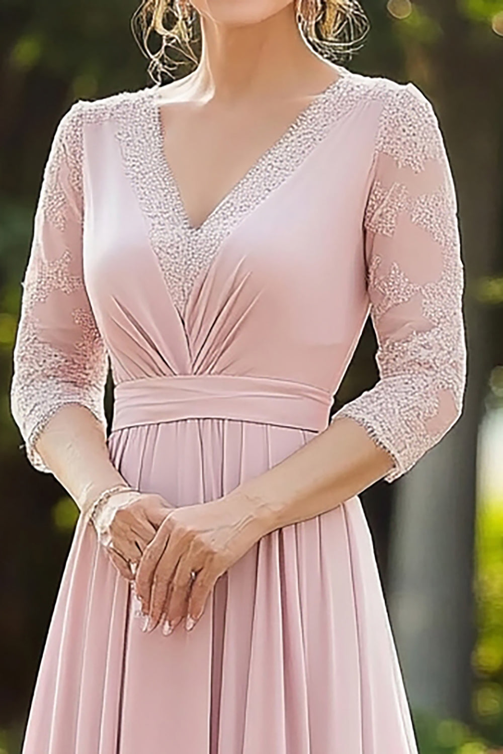 Pink Elegant Blonde Chiffon Mor Til Bruden Kjole med 3/4 ærmer