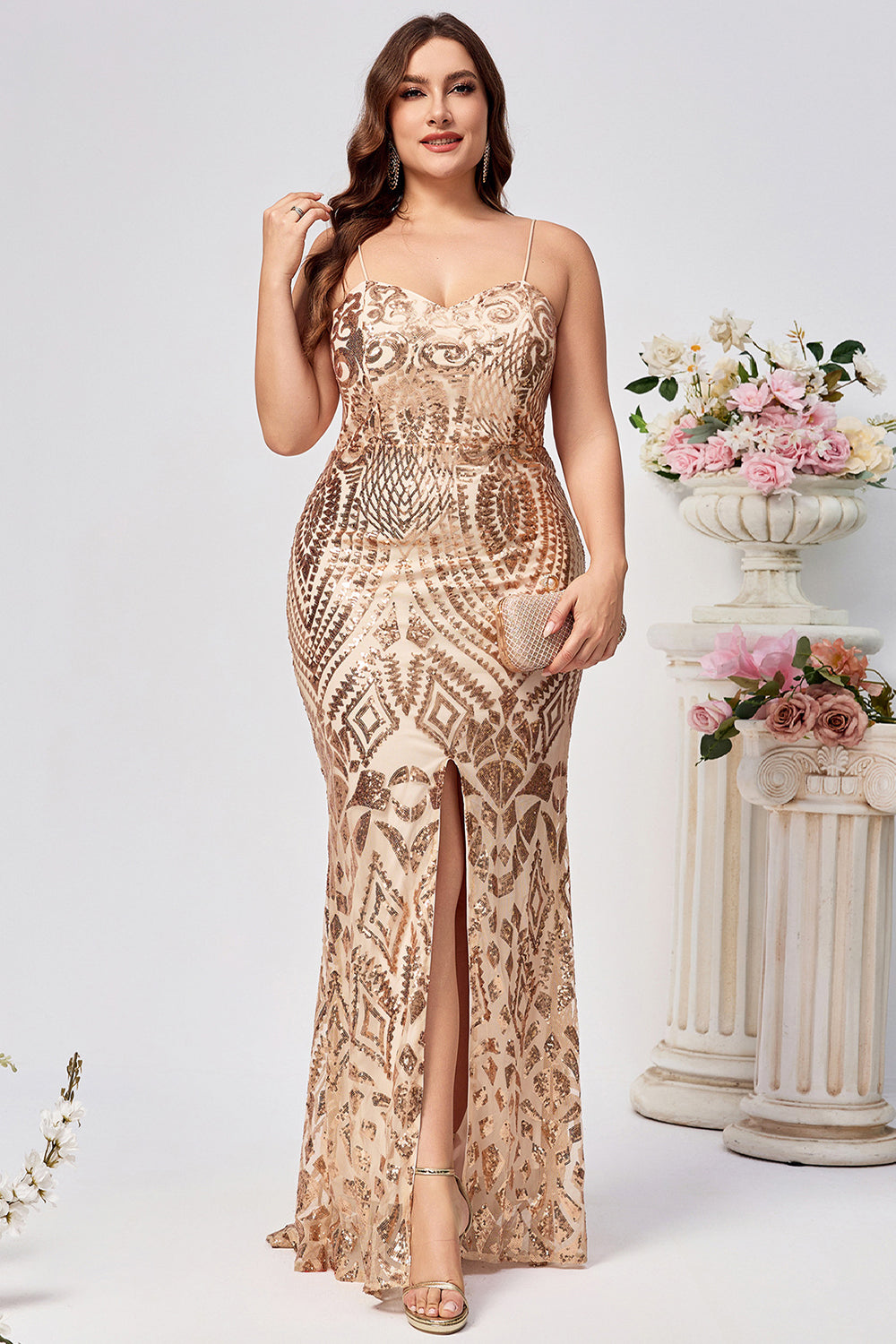 Glitrende Plus Size Golden Mermaid Pailletter Broderet Lang Gallakjole med Split