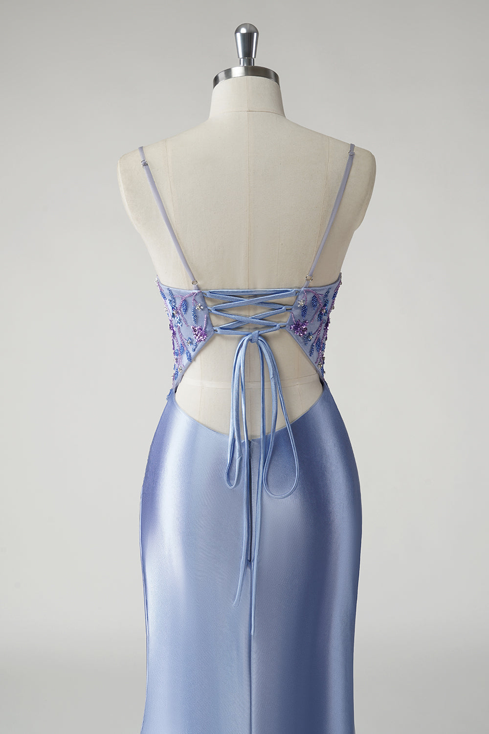 Glitrende blå havfrue satin blomstret lang gallakjole med slids