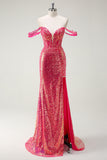 Fuchsia havfrue pailletter Off The Shoulder Prom Kjole
