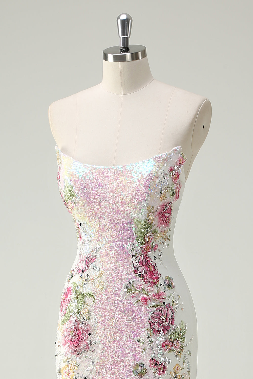 Glitrende hvid blomstret stropløs havfrue lang gallakjole