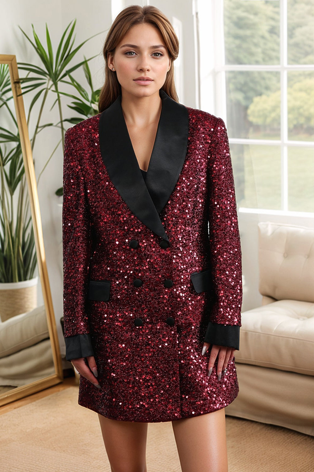 Glitrende Burgundy Bodycon Pailletter Maxi Blazer til kvinder