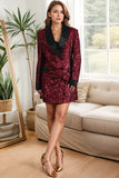 Glitrende Burgundy Bodycon Pailletter Maxi Blazer til kvinder