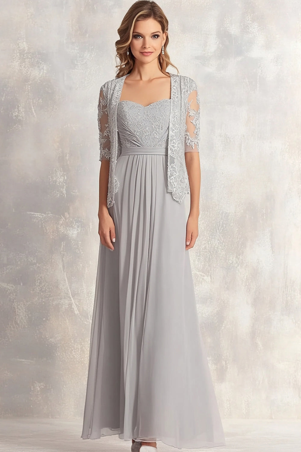 Sølv Chiffon Blonder Appliques Rynket 2-delt firkantet hals A Line Mor til bruden kjole