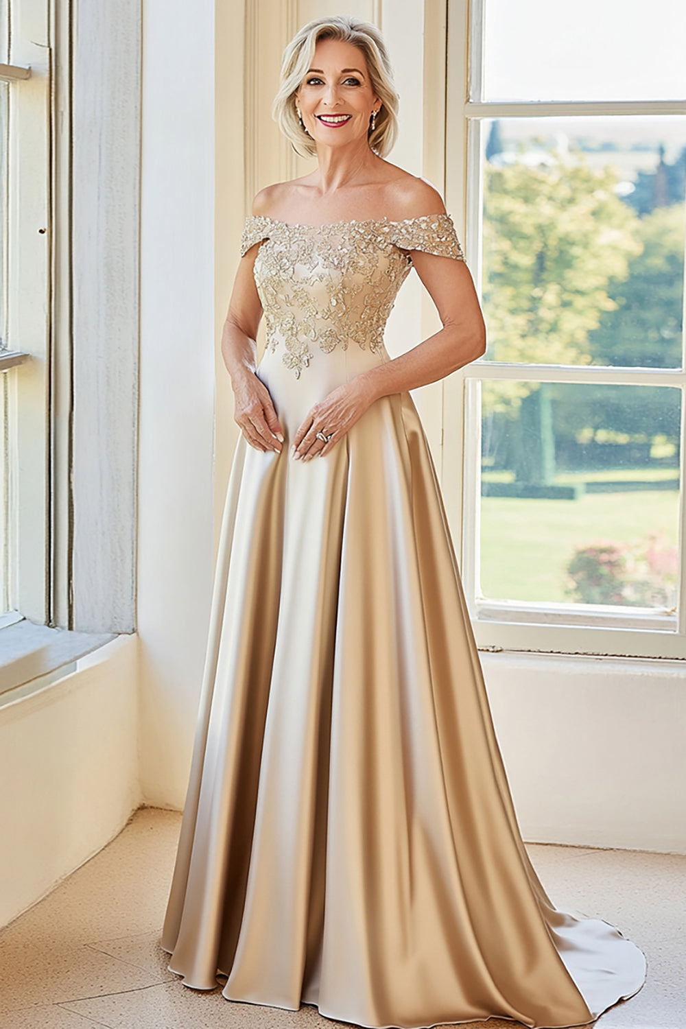 Elegant Champagne Off the Shoulder A-Line Mat Satin Lang Brudens Mor med broderi