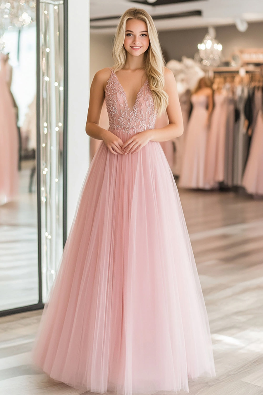 A Line Blonder Appliques Tyl Pink Dyb V-hals Prom Kjole