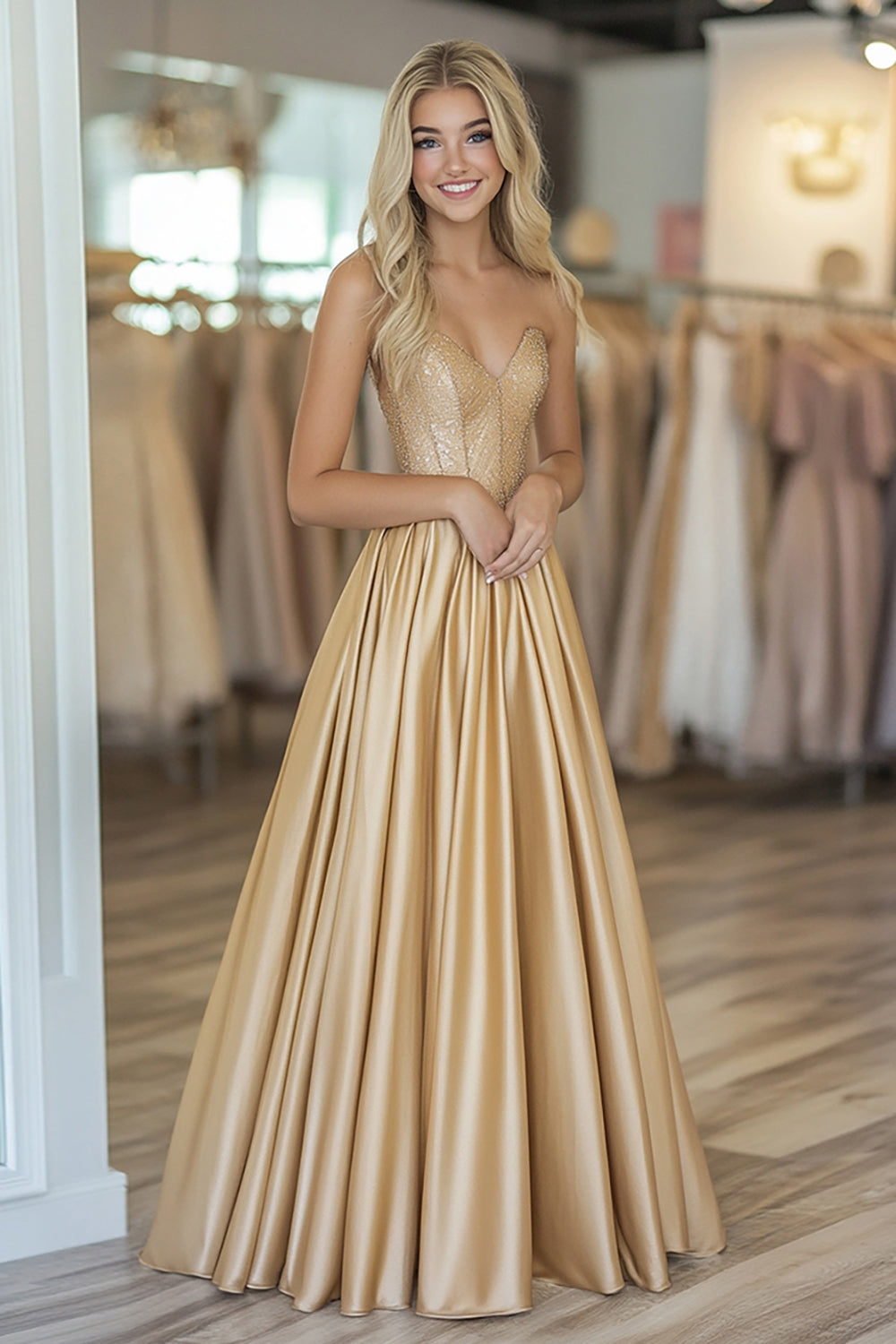 Guld Satin Sweetheart A Line Ruched Prom Kjole med Perlebesat