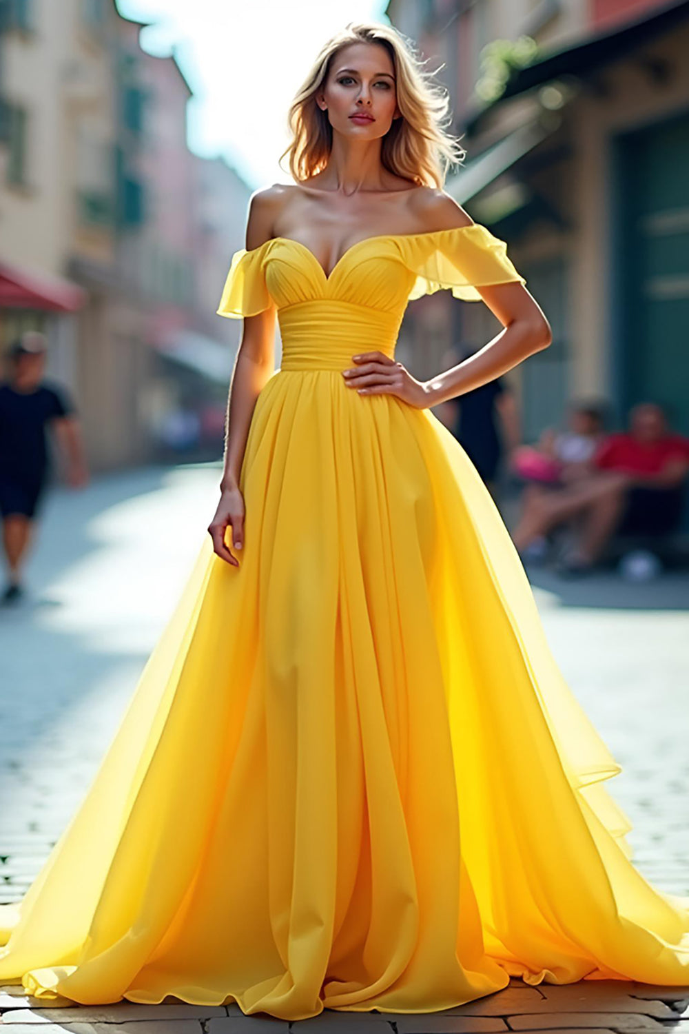 Chiffon Lang En linje Gul Off The Shoulder Gallakjole