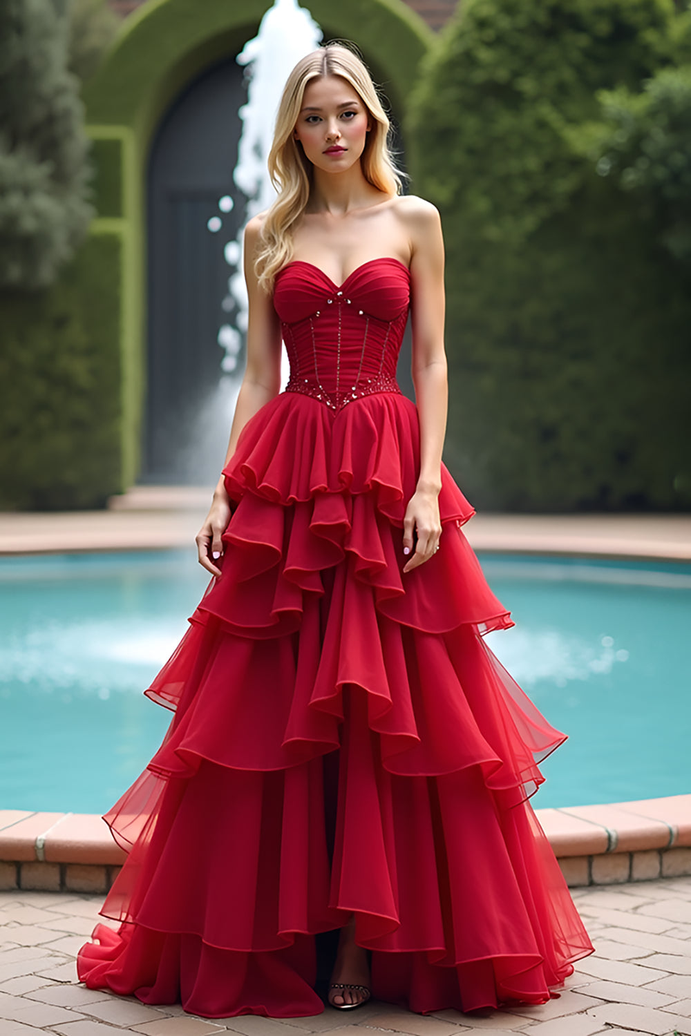 Ruched Red Sweetheart Rufled A Line Lang Gallakjole
