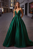 Elegant Satin Mørkegrøn A Line Spaghetti Stropper Lang Gallakjole