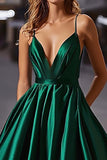Elegant Satin Mørkegrøn A Line Spaghetti Stropper Lang Gallakjole