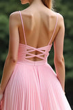 Chic Pink A Line plisseret Chiffon V-hals brudepige kjole