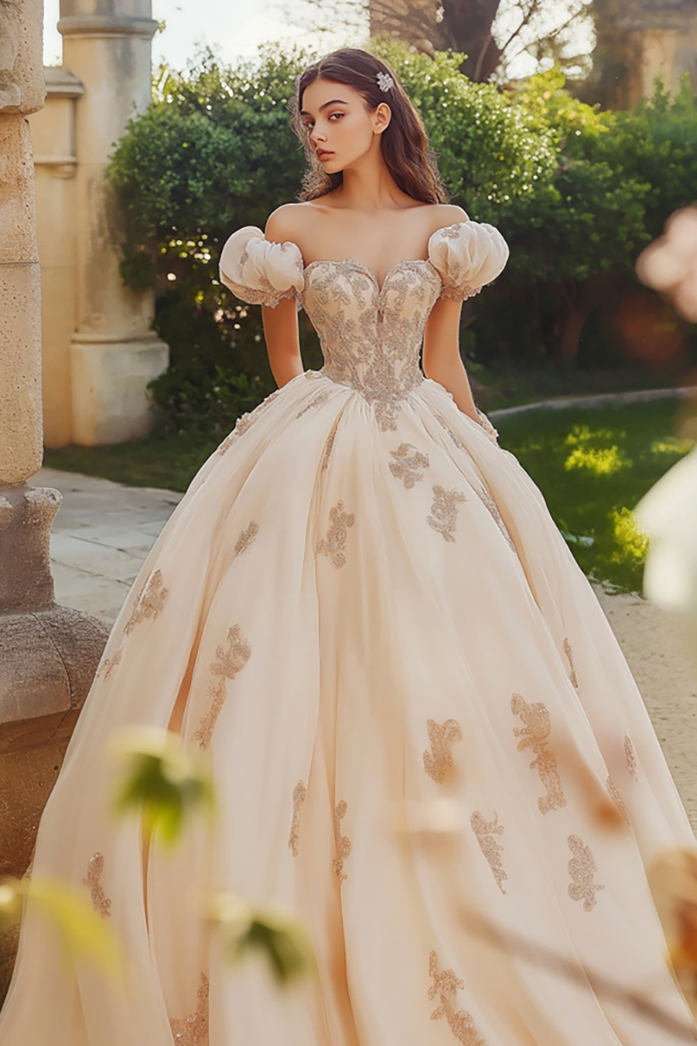 Prinsesse Blush Balkjole Off the Shoulder Tyl Quinceanera kjole med applikationer