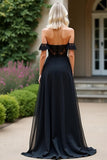 Sort A Line Off The Shoulder Chiffon Blonde Gallakjole med slids