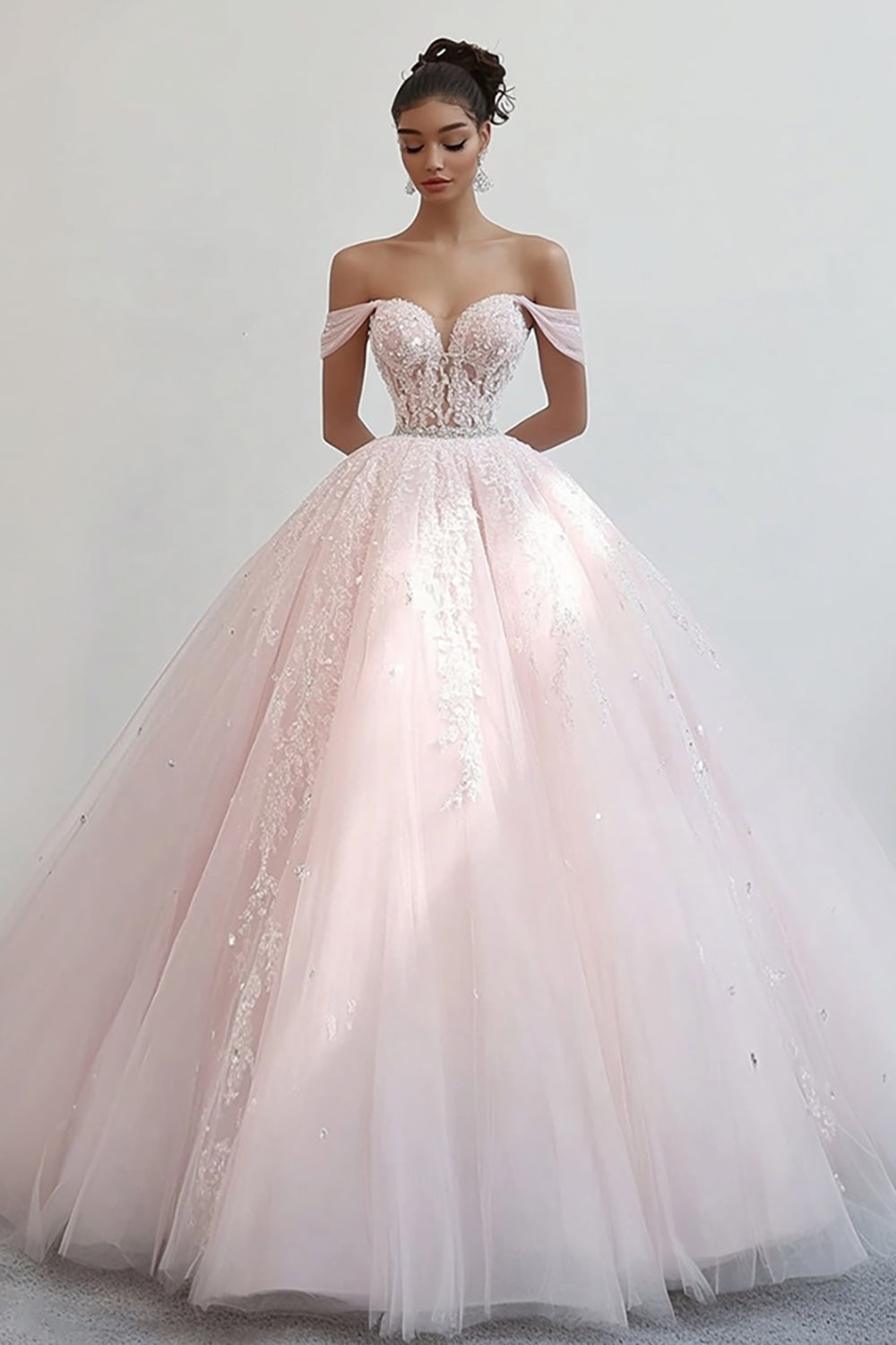 Prinsesse Pink Balkjole Off the Shoulder Tyl Quinceanera kjole med applikationer