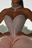 Glitrende Pink Balkjole Stropløs Pailletter Flæser Quinceanera Kjole
