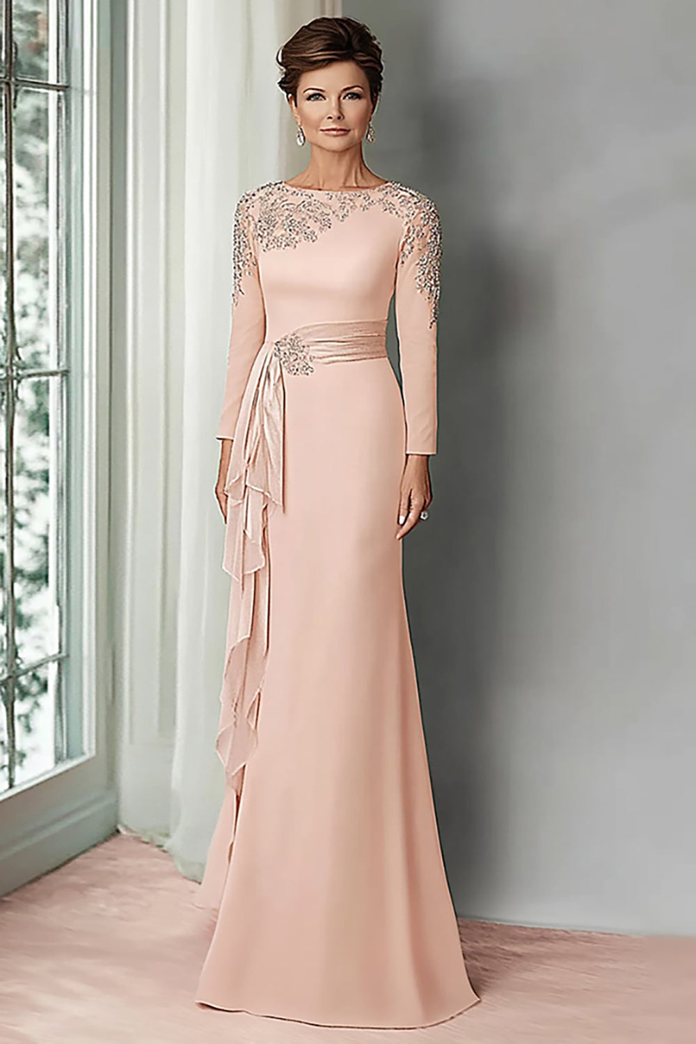 Blush Lace Sheath Mor Til Bruden Kjole med Lange Ærmer